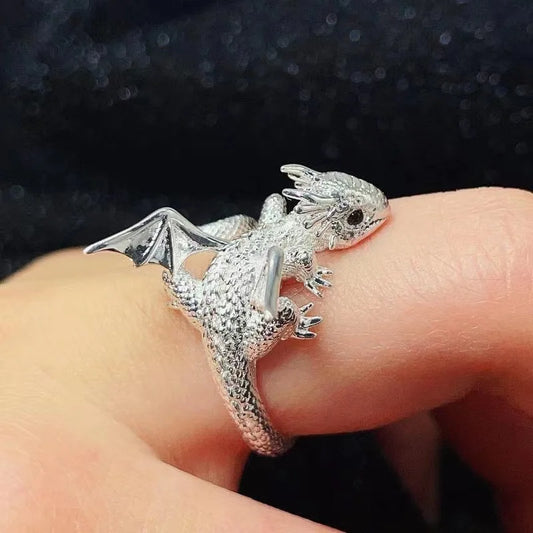 Vintage Dark Dragon Open Ring โ Silver Color Punk Fashion Jewelry for Men & Women